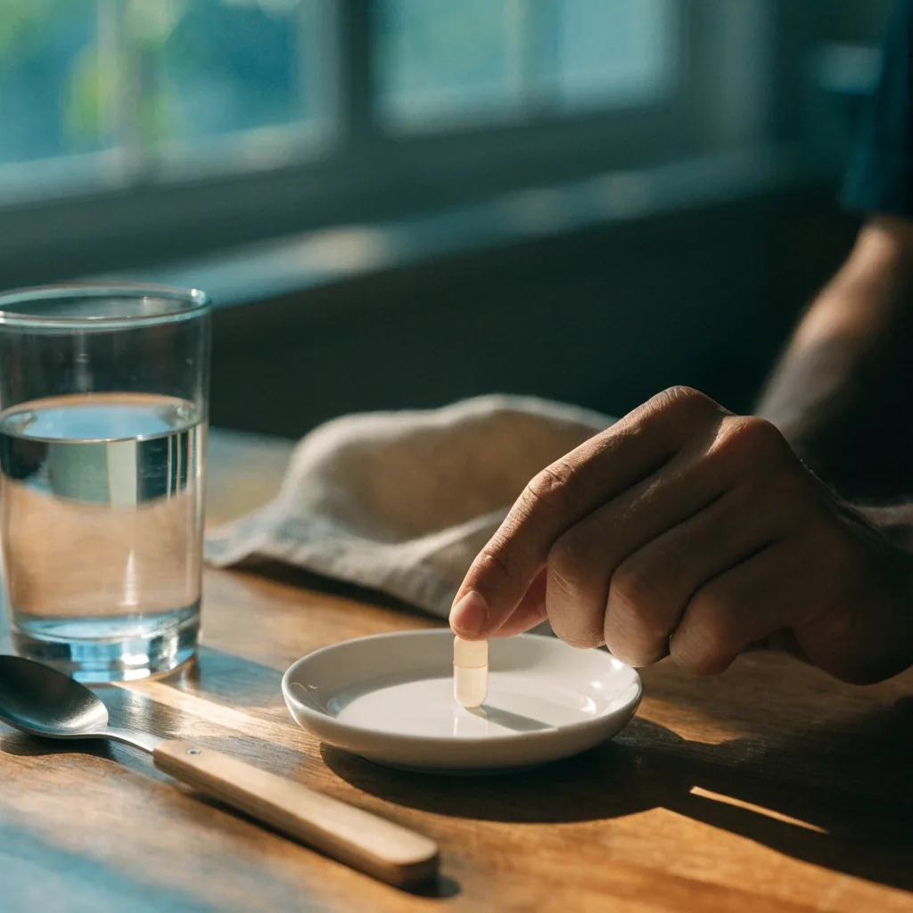 A plain capsule on a ceramic dish beside a glass of water on a wooden kitchen table