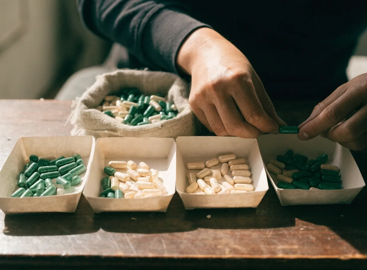 Hands sorting plain capsules into shallow paper trays on a wooden desk in Jakarta