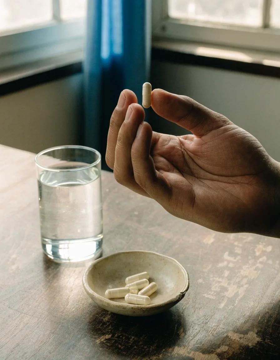 A hand holding a plain capsule above a worn wooden table with a tray of capsules and a glass of water