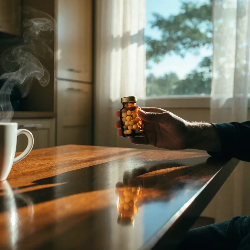 Morning light on a wooden ledge in Jakarta with a glass of water and a man's hand at rest