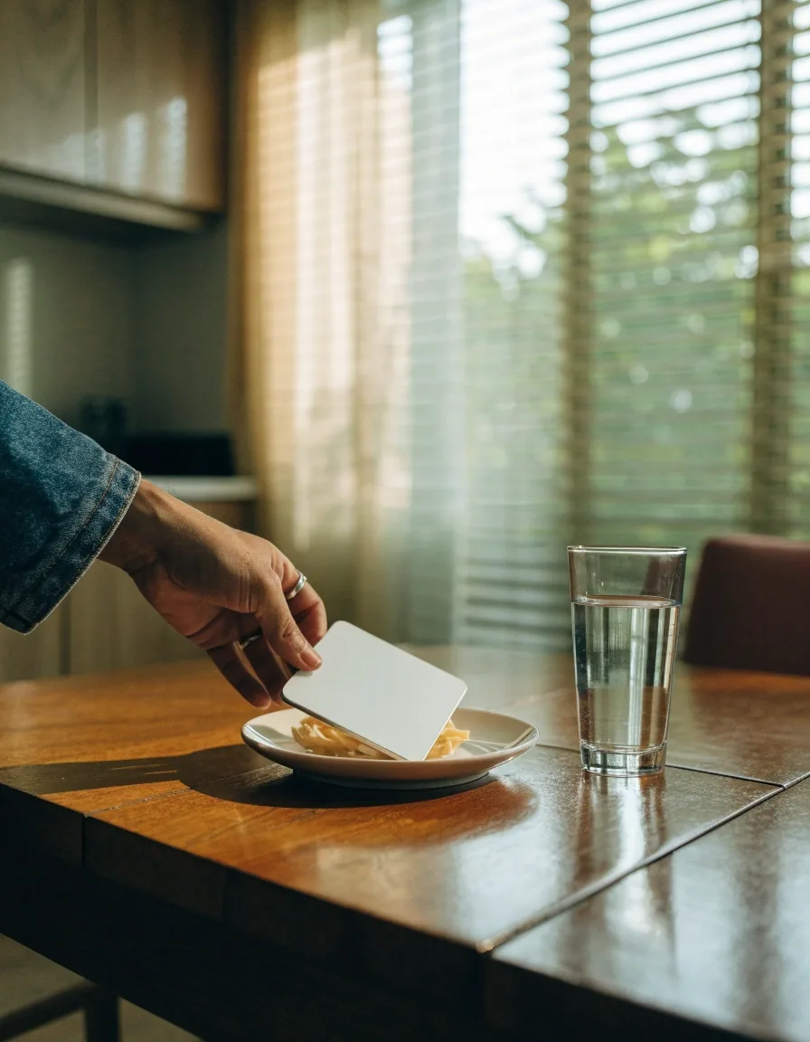 A breakfast tray with water and a plain daily tablet on an enamel dish