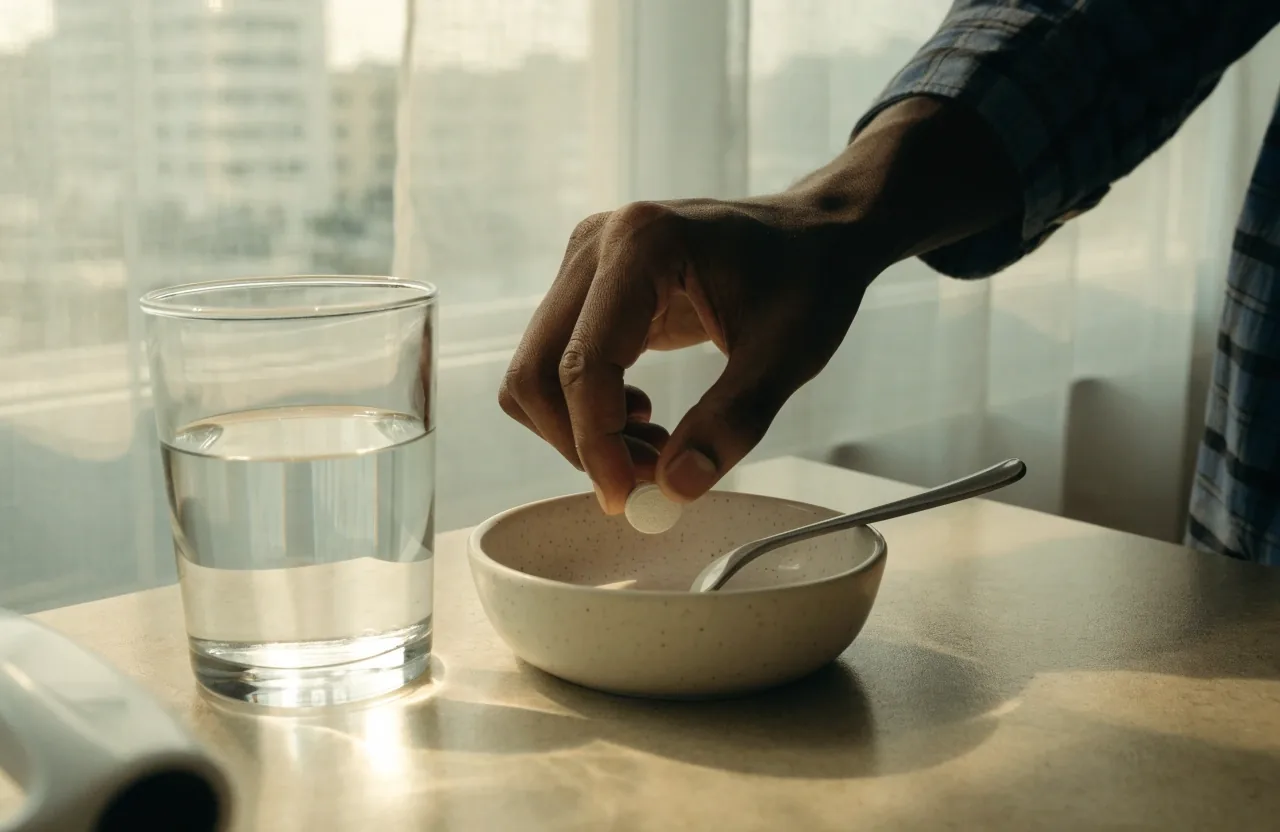 A mineral tablet dissolving at the bottom of a clear glass of water in morning backlight