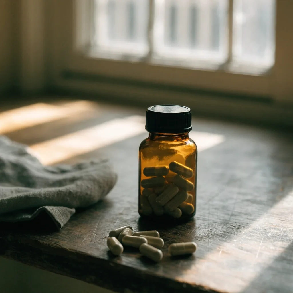 Three plain capsules stacked on folded linen on a dark wooden table