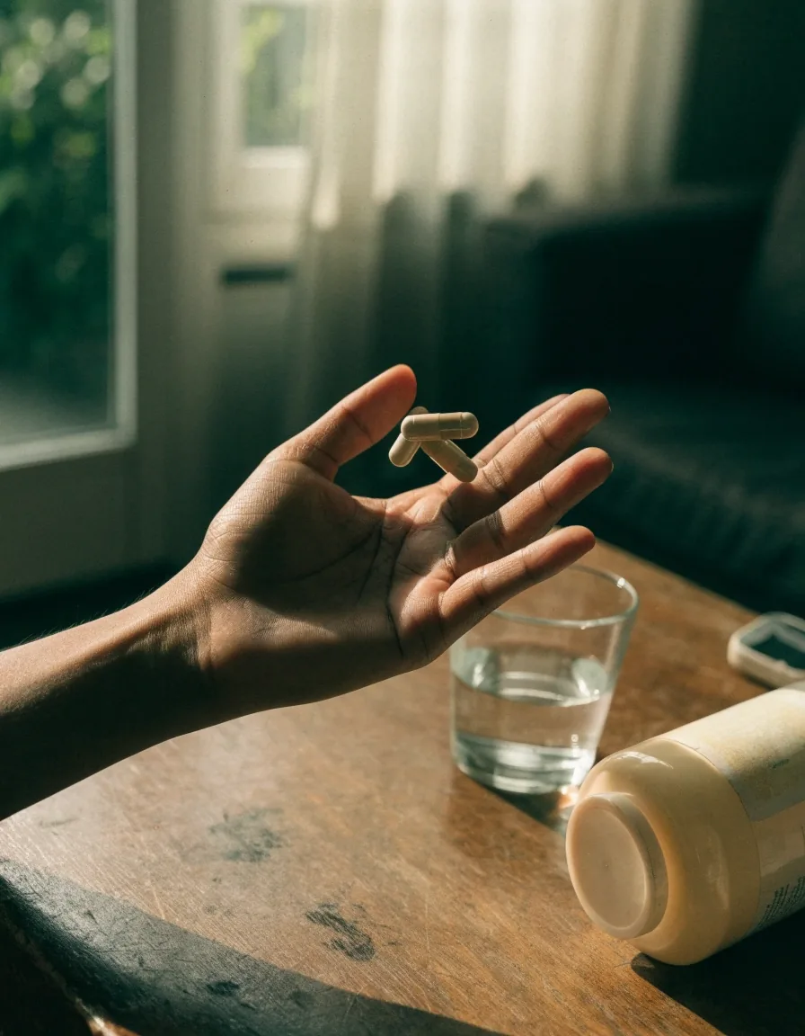 Two plain capsules and a glass of water beside an unlabelled bottle on a wooden table