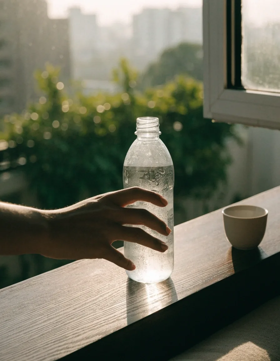 Glass water bottle and ceramic cup on a wooden counter in warm morning light