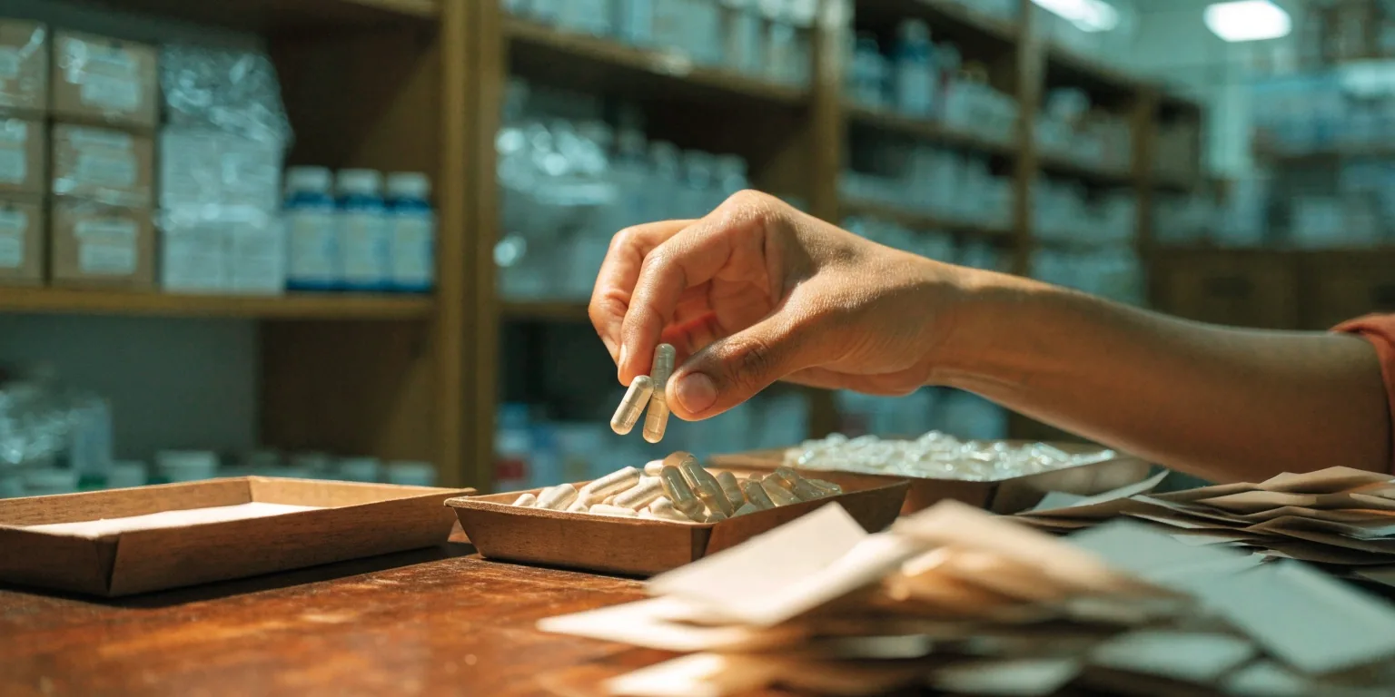 A hand sorting plain capsules into small paper trays on a pharmacy counter in Jakarta