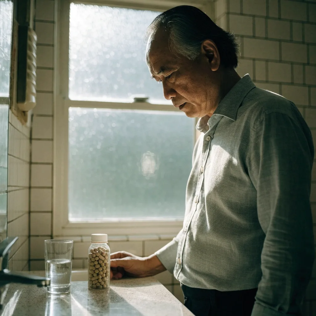 An older man reading the label on a plain container at his kitchen table with capsules and water nearby