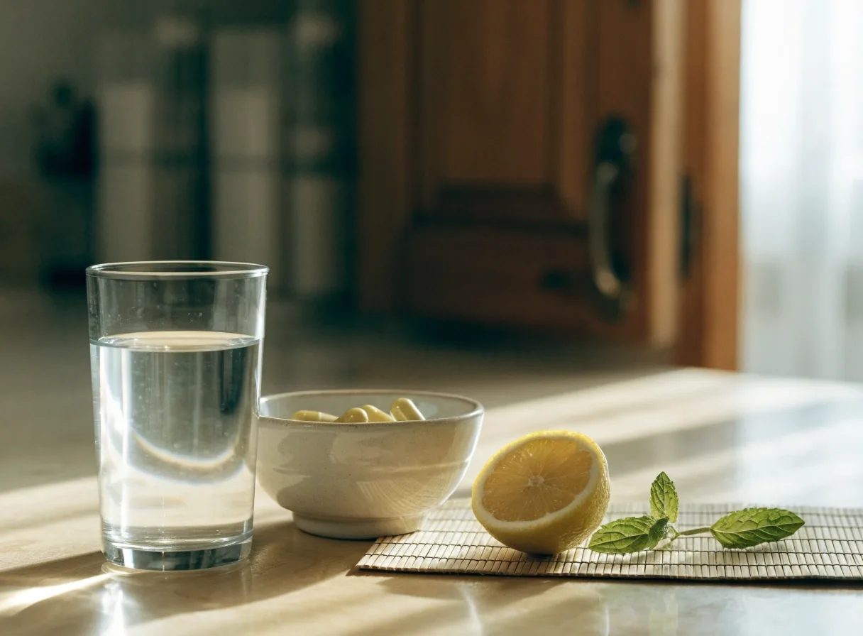 Plain capsules, a lemon and a glass of water arranged on a wooden kitchen table