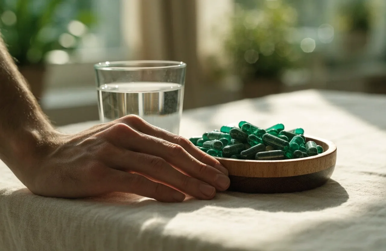 Three plain green capsules stacked on folded linen cloth beside a glass of water