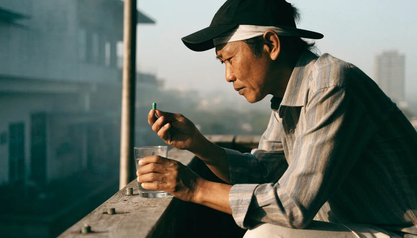 A man at a wooden balcony rail in morning light holding a glass of water and a plain capsule