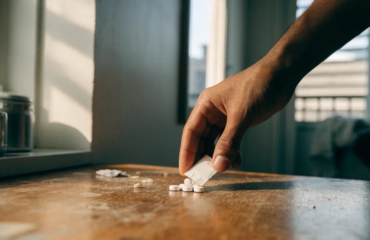 A plain mineral tablet dissolving in a glass of water on a worn wooden table in warm backlight