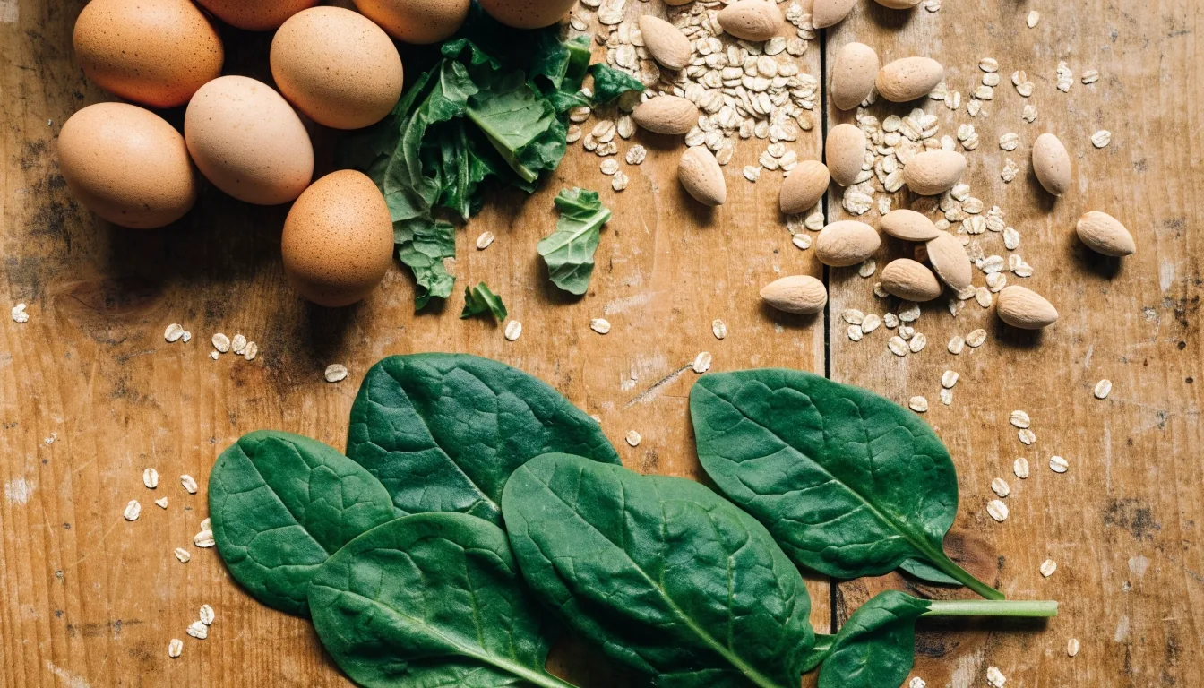 Whole foods spread across a worn wooden table, eggs spinach almonds and oats in even daylight