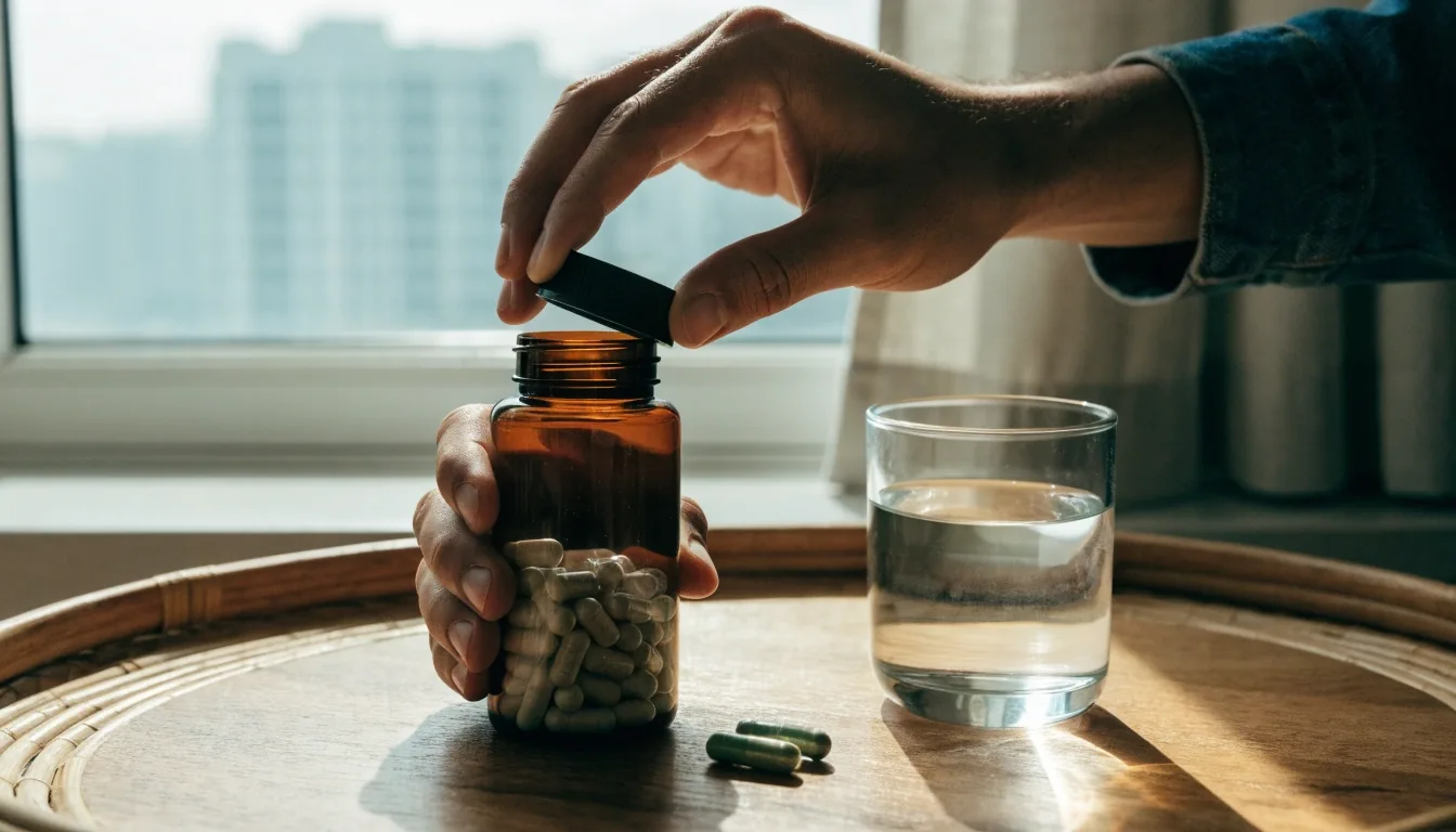 A small group of plain capsules beside a glass of water on a wooden tray in morning light