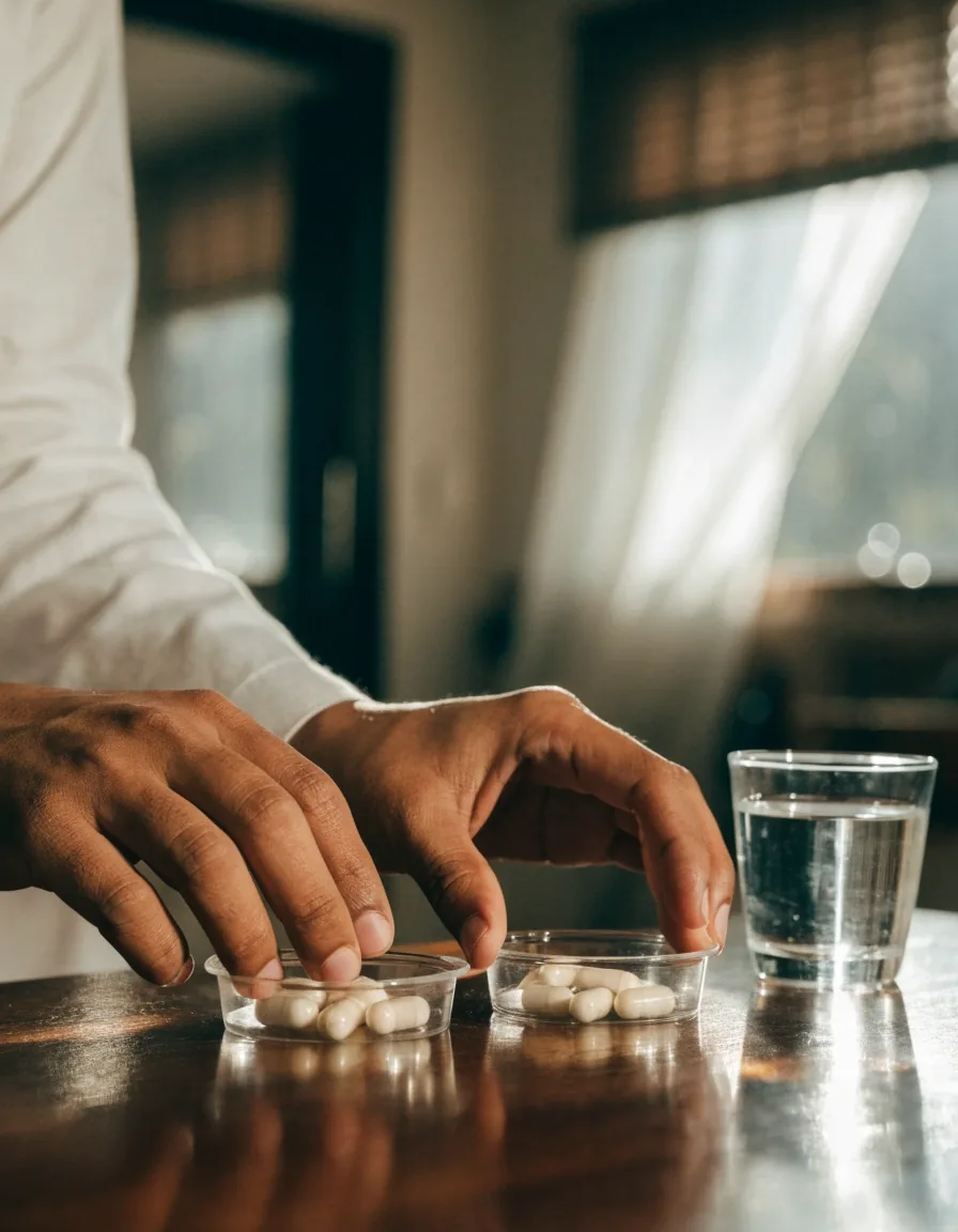 Two shallow paper trays holding different counts of plain capsules on a wooden counter