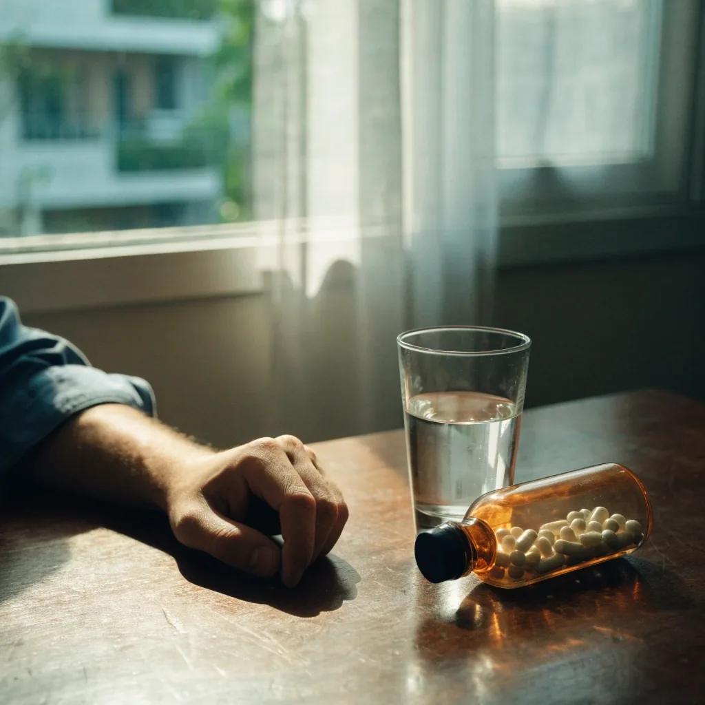 A desk corner in morning light with an unmarked notebook, a pen, a softly glowing laptop edge, and a dish of plain capsules