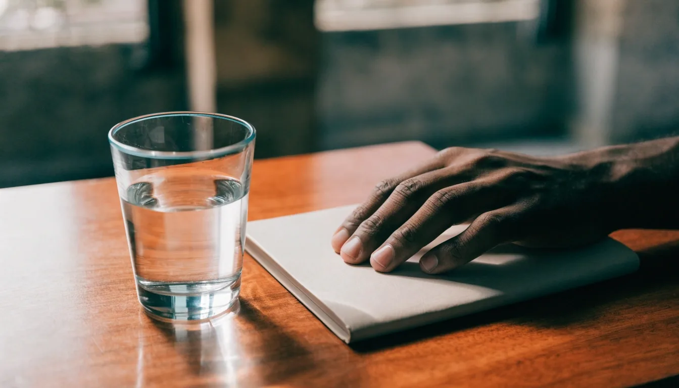A worn wooden desk in a Jakarta workspace with a paper tray, notebook, and glass of water in daylight