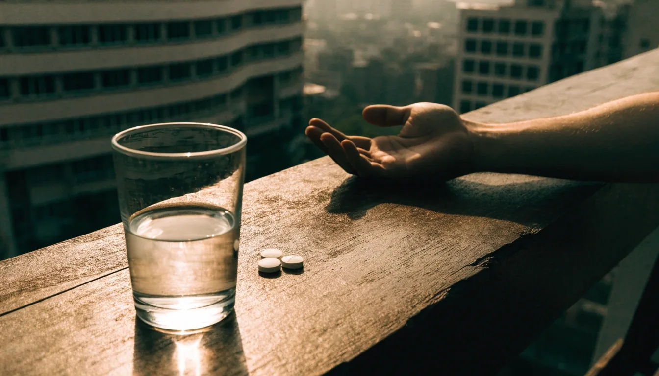 A wooden ledge on a Jakarta balcony in morning light with a glass of water and a few plain capsules